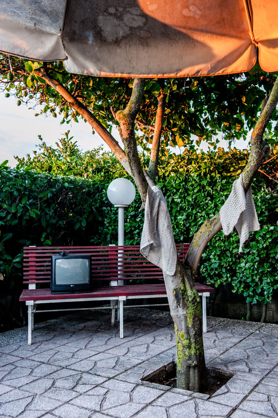 The bench at the seaside house used to put the broken TV and the lemon tree with the cleaning rags on it